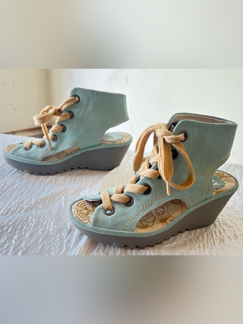 Fly London Mint Green Suede Lace-Up Wedge Sandal